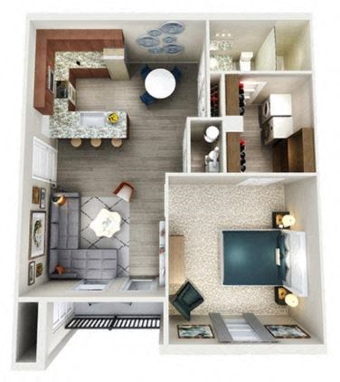 a 3d rendering of a bedroom with a bathroom and a living room at The McKenzie Park Apartments, Arkansas
